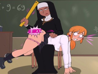 Cabine D’confession! Une Nonne Booty Animée Donne Une Fessée à Une écolière Devant La Classe