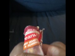 Guy plays with big black cock bust a big fat nut