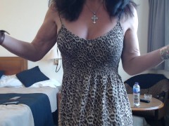 Mature CD with boobs in a pretty dress just talking 