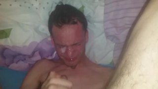 Skinny horny teen cums all over his right eye (self facial)