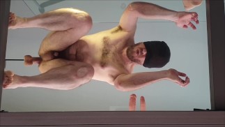 Gangbang with ass fuck and suck by dildoes - straight guy on glass bridge