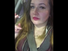 Sexy Red lips Smoking In Car In Leather Jacket