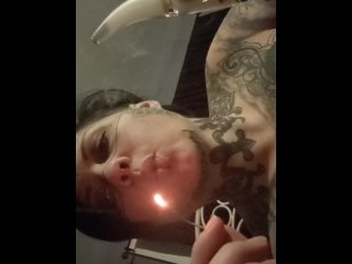 smoking, solo female, shaved pussy, big tatted tits