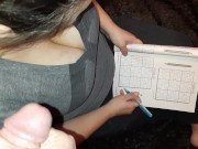 Preview 5 of Unexpected cumshot for stepsisters big titty friend while she played Sudoku.