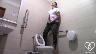 He Gets On Top Of The Public Restroom's Toilet Bowl To Avoid Being Seen Pulling It
