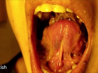 saliva, teeth fetish, extreme gagging, solo female
