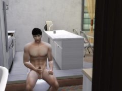 Asian boy super horny after peep at his pretty roommate shower