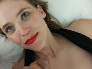 female orgasm, blue eyes, nipple, red lipstick