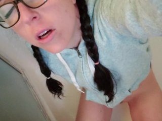 exclusive, nerdy girl glasses, braided pigtails, peeing