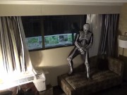 Preview 4 of zentai skeleton jerk off at hotel room window and then room door