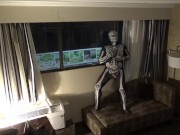 Preview 5 of zentai skeleton jerk off at hotel room window and then room door
