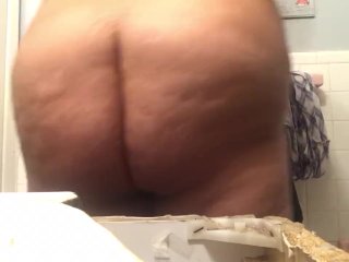 SSBBW hides in bathroom and shoves things in her_tight pussy