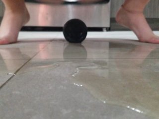Sexy blond teen pees on shampoo bottle and kitchen floor
