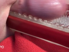 ASMR CloseUp Cumshot in opened Tenga Flip Hole Red.