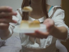 cute japanese crossdresser cum on cake and eating
