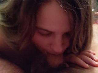 Cherry gives a long blow until I cum on her_tits
