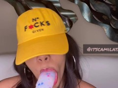 Camila Taylor looking pretty while sucking confetti dildo