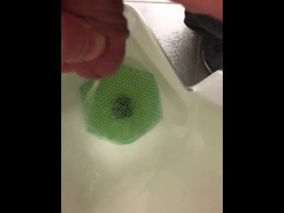urethra pissing, almost caught work, solo male, bathroom floor piss