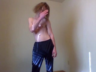 MTF Topless Aroused in Track Pants Armpit Sniffing and Nipple Teasing