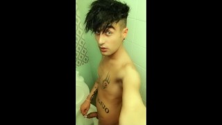 Twink piss through sounding tube at the college bathroom - cock sounding