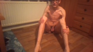 Very horny skinny boy strokes his cock and cums inside of his mouth