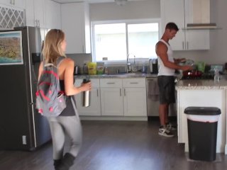 Hot fitness blonde gives boyfriend a sloppy blowjob and swallows