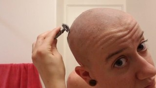 SHAVES HEAD SMOOTHLY GIRL