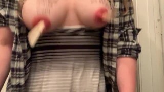 BBW in slutty dress exposes busted anal ring and shakes her decorated tits