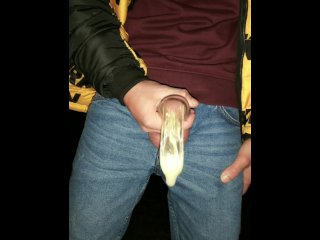 Twink fills cum filled condom even more and SWALLOWS all that cum