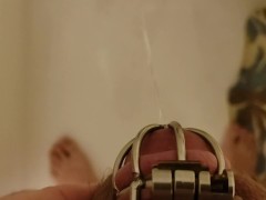 Video Guy Pees in the Shower while still in Chastity
