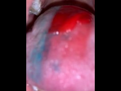 Teen girl eating candy mouth up close pov 