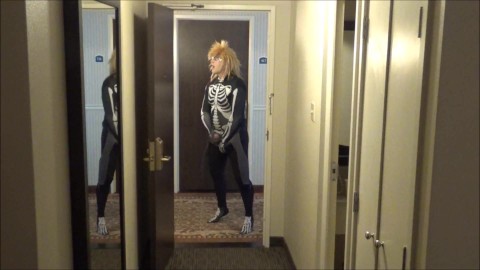 skeleton in wetsuit cums in hall