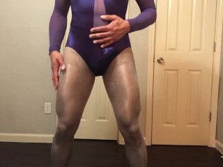 SPANDEX FETISH - Satin Leotard with Shiny Crotchless_Tights