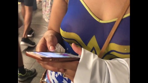 Wife in See through wonder women shirt with pierced nipples in public