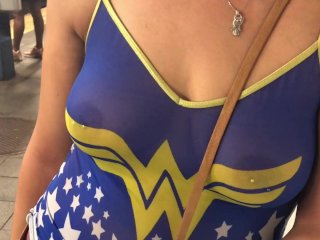 Wife in See through wonderwomen shirt with pierced nipples_in public