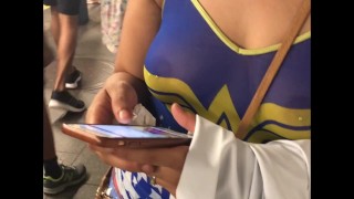 In Public A Wife Wearing A See Through Wonder Women Shirt With Pierced Nipples