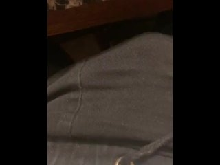 jacking off, horny guy, inside pants, under table