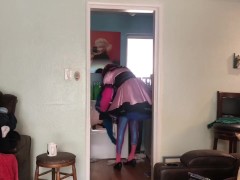 Good sissy maid doing the chores while mistress is out and about 