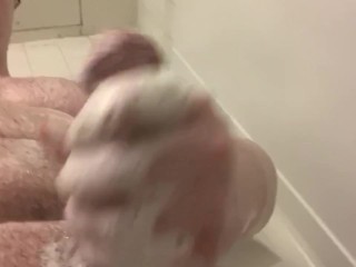 Husky Guy Rubs his Cock in the Shower