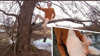 Massive Creamy Cumshot Slimed Twink Climbing Trees