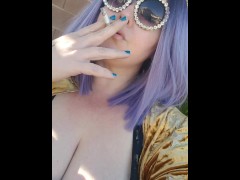 Hot big tittied giantess smokes a fag outside by the pool 
