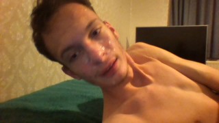 Very skinny horny 19 year old prepares his cock to give himself a facial
