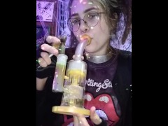 Hippie Chick Smoking Double Perc Bong
