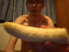 Skinny horny guy cums on a banana and eats it with the cum