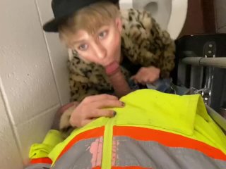 Construction worker blown by Daniel Hausser in train station bathroom. 