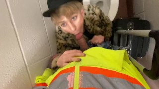 Construction worker blown by Daniel Hausser in train station bathroom. 