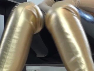 Big Tits Girl In Black LatexCatsuit + Mask_+ Gloves Piss_In Golden Boots