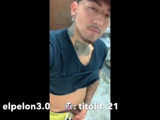 big dick latino, public bathroom, public masturbation, tatted big dick