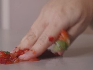 Tattooed and pierced girl Anna enjoys strawberries and toys her tight cunt