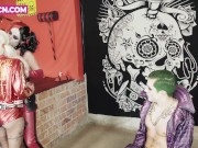 Preview 1 of Harley Quinn cosplay threesome with a big cock Joker fucking hardcore ffm